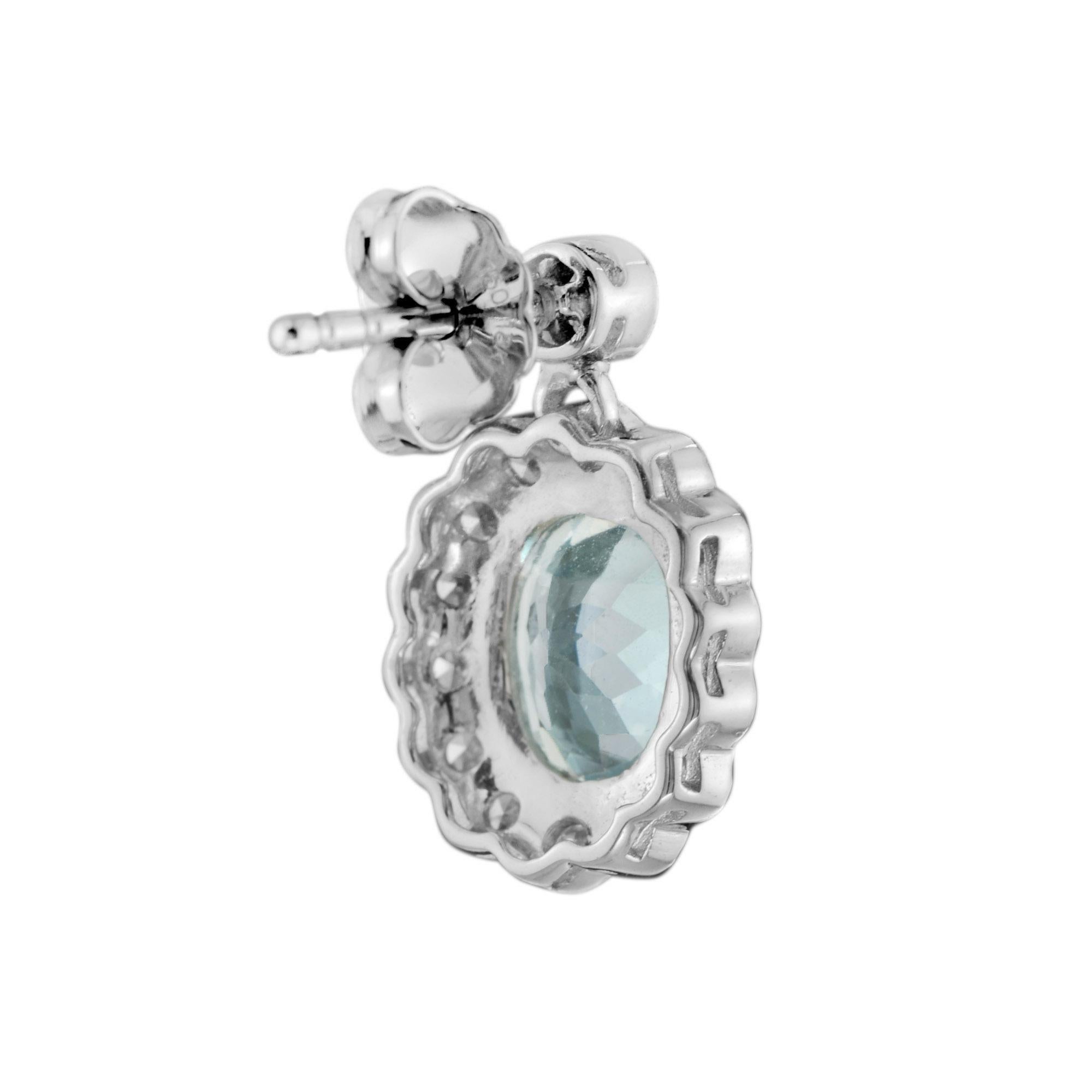 Oval Aquamarine & Diamond Halo Set Antique Style Drop 14K White Gold Earrings (Edwardian) im Angebot