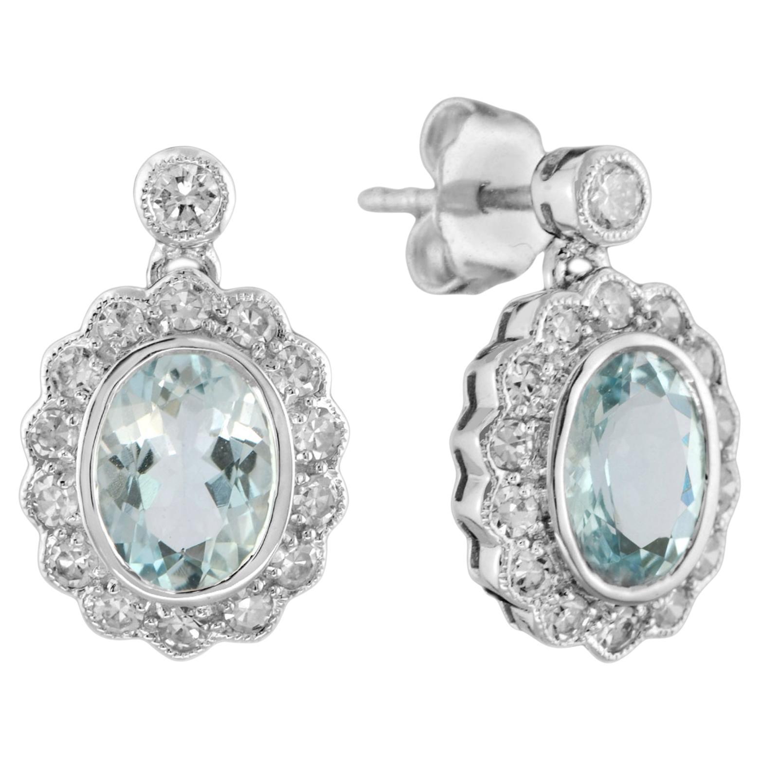 Oval Aquamarine & Diamond Halo Set Antique Style Drop 14K White Gold Earrings