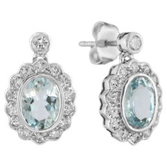 Oval Aquamarine & Diamond Halo Set Antique Style Drop 14K White Gold Earrings