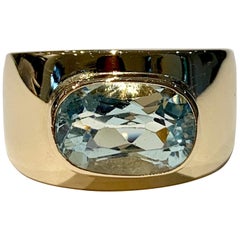 Oval Aquamarine in Wide 9 Carat Yellow Gold Band
