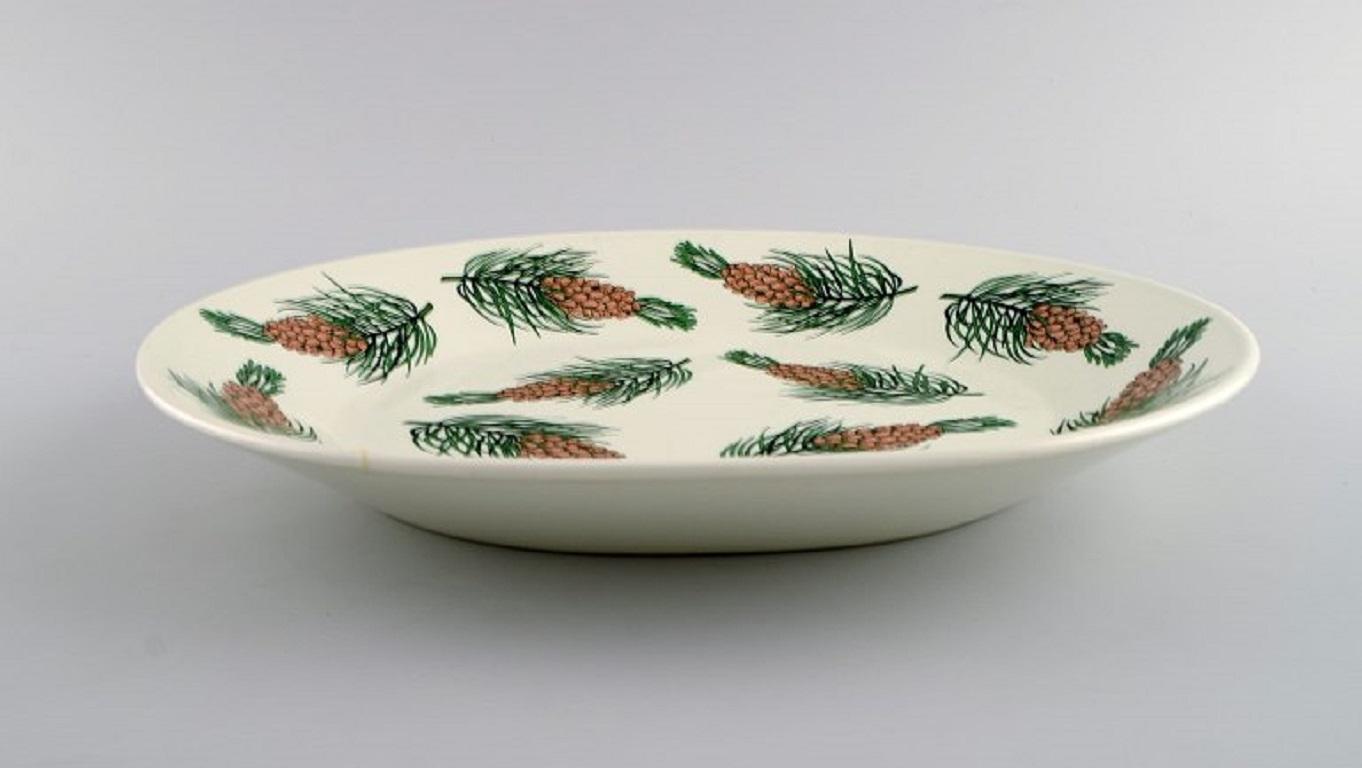 Oval Arabia Dish in Glazed Stoneware with Hand-Painted Fir Cones, Finnish Design In Excellent Condition For Sale In Copenhagen, DK