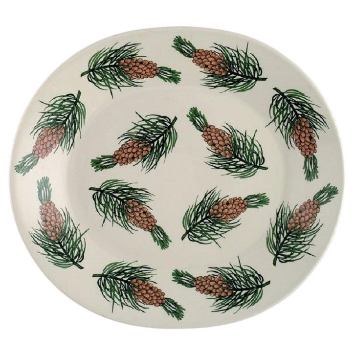 Oval Arabia Dish in Glazed Stoneware with Hand-Painted Fir Cones, Finnish Design For Sale