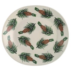 Oval Arabia Dish in Glazed Stoneware with Hand-Painted Fir Cones, Finnish Design