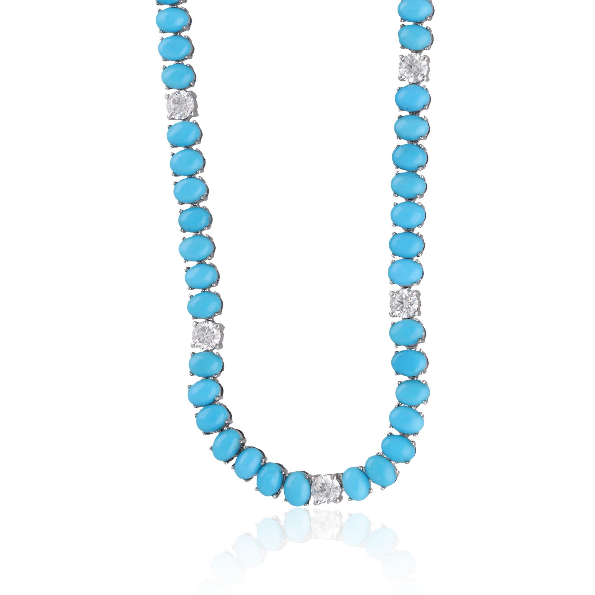 Taglio ovale Collana a catena ovale di diamanti con gemma di turchese dell'Arizona, oro bianco 14 carati in vendita