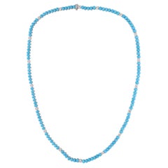 Collier de turquoises d'Arizona ovales et de diamants en or blanc 14 carats