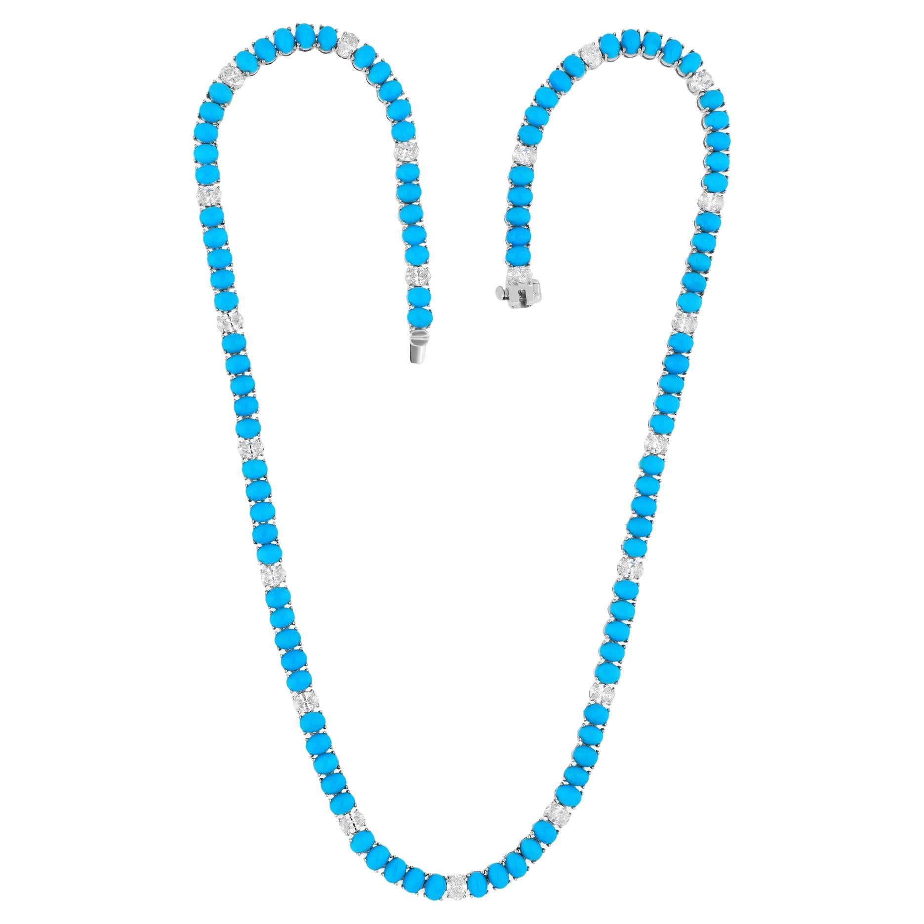 Oval Arizona Turquoise SI Clarity HI Color Diamond 14k White Gold Chain Necklace