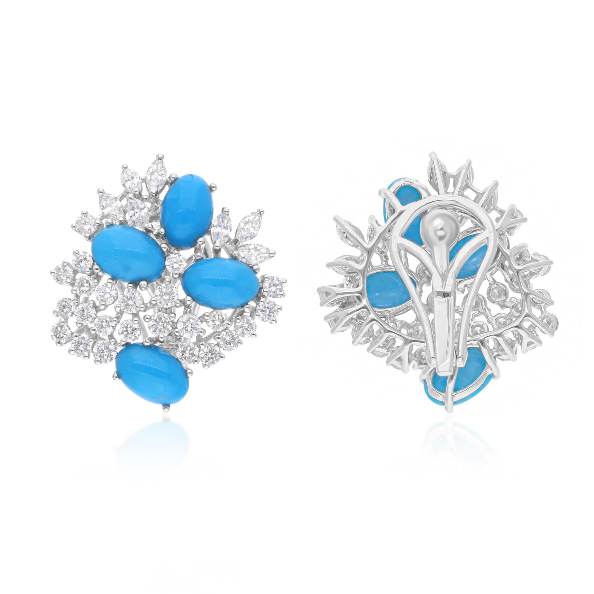Add a vibrant touch of color and elegance with these Oval Arizona Turquoise and Diamond Earrings, set in 18 Karat White Gold. Featuring 3.92 carats of captivating Arizona Turquoise, complemented by 1.44 carats of natural diamonds with an average