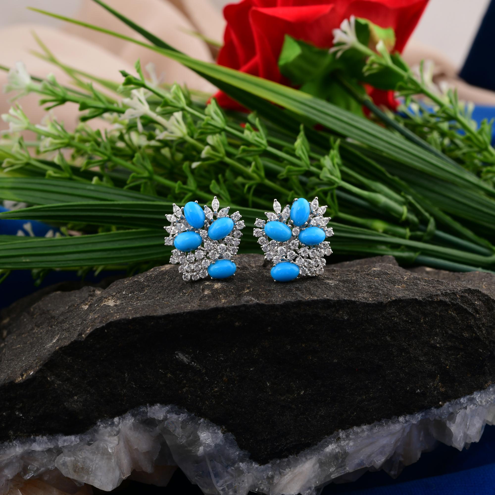 Modern Oval Arizona Turquoise SI Clarity HI Color Diamond 18 Karat White Gold Earrings For Sale