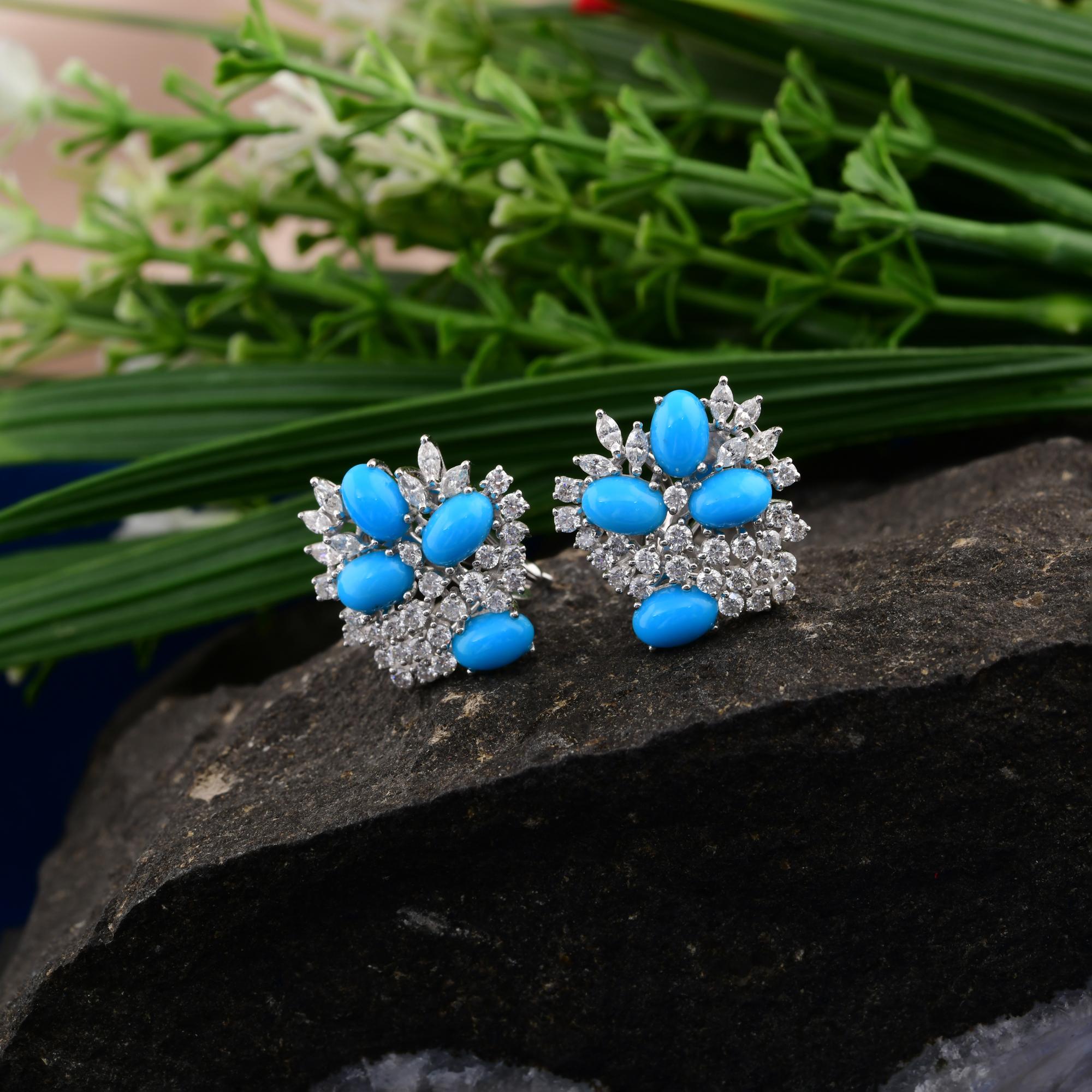 Oval Cut Oval Arizona Turquoise SI Clarity HI Color Diamond 18 Karat White Gold Earrings For Sale