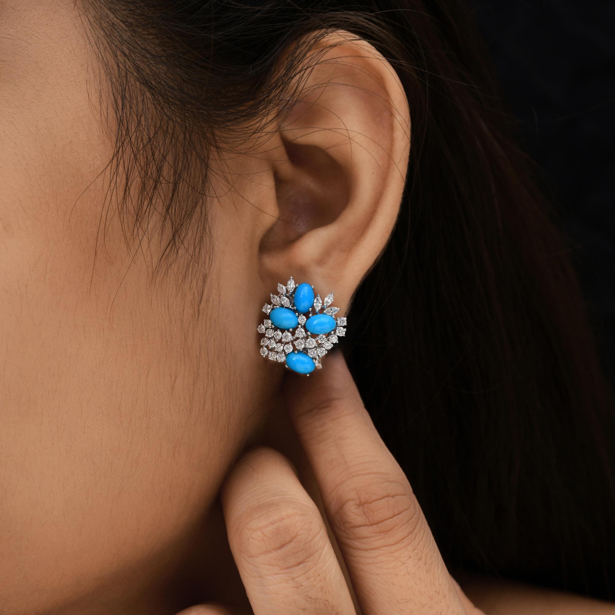 Oval Arizona Turquoise SI Clarity HI Color Diamond 18 Karat White Gold Earrings In New Condition For Sale In Diera, Dubai