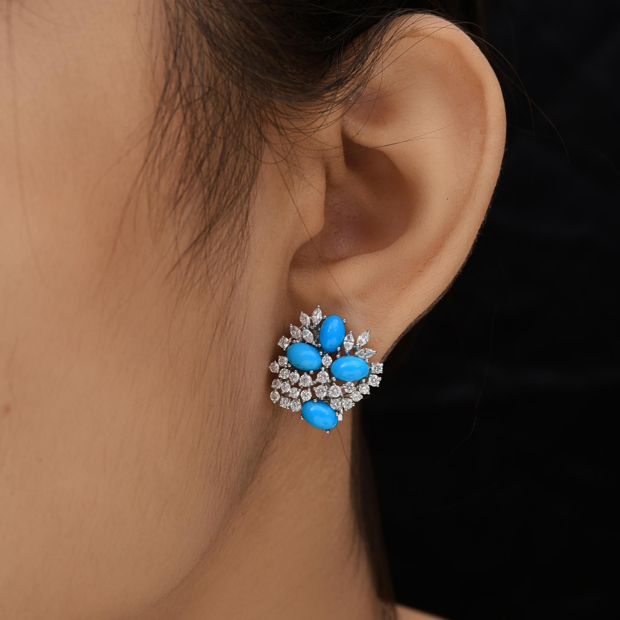 Women's Oval Arizona Turquoise SI Clarity HI Color Diamond 18 Karat White Gold Earrings For Sale