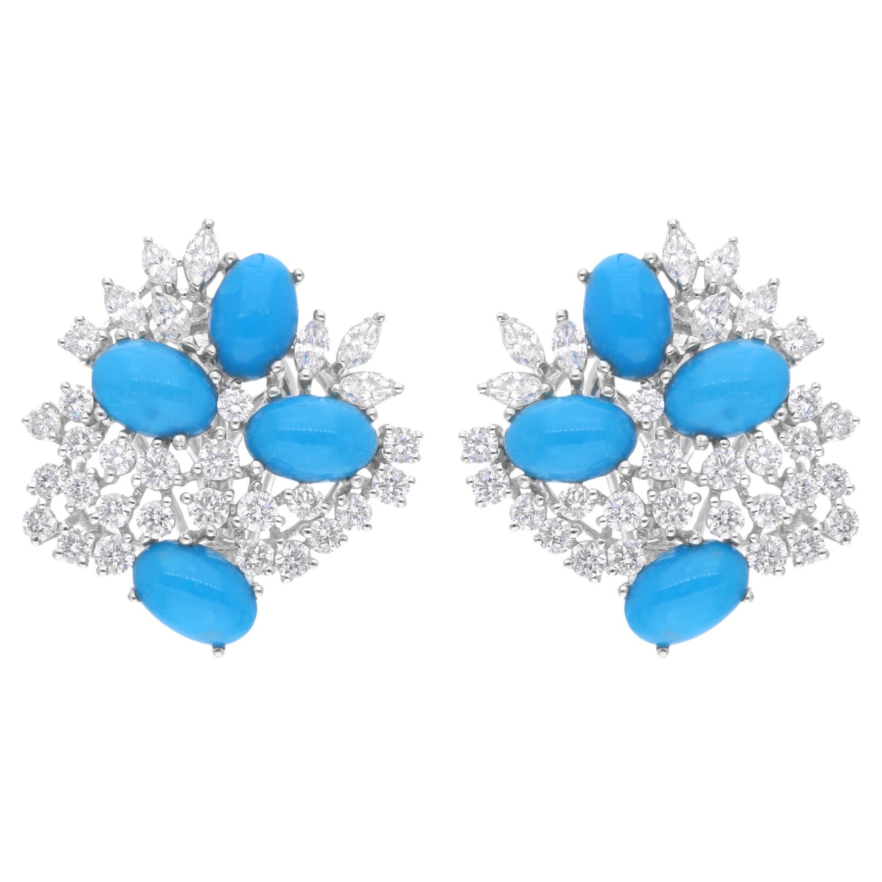 Oval Arizona Turquoise SI Clarity HI Color Diamond 18 Karat White Gold Earrings
