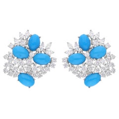 Boucles d'oreilles Arizona turquoise ovale SI Clarity HI Color Diamond en or blanc 18 carats