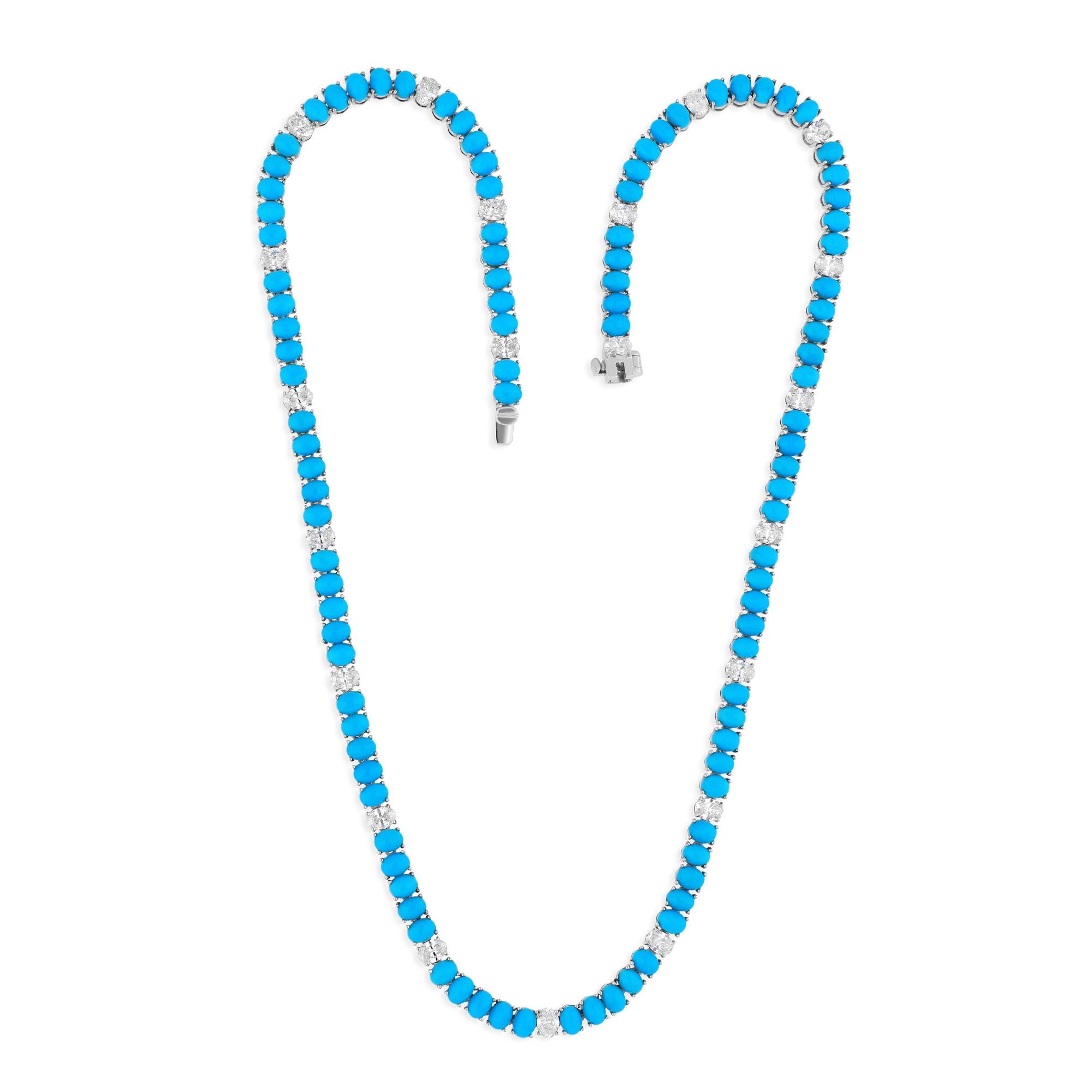 Make a statement with this exquisite necklace, featuring a striking 20.86 carat oval Arizona turquoise as the centerpiece. Surrounded by 3.32 carats of natural diamonds with SI1-SI2 clarity and H-I color, this necklace combines the rich color of