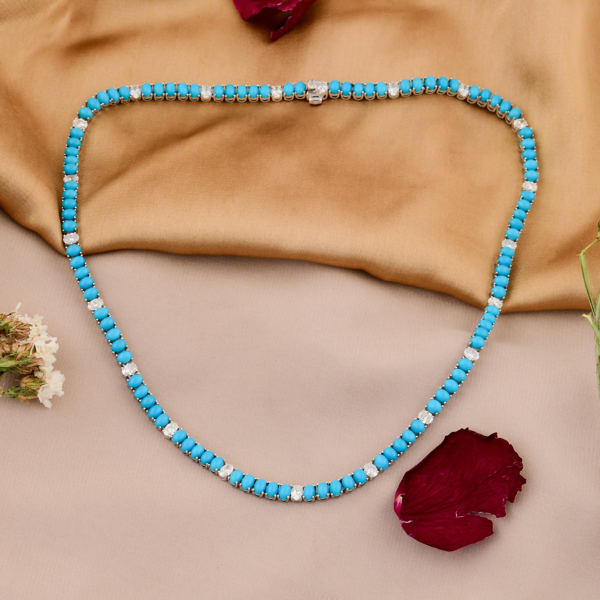 Modern Oval Arizona Turquoise SI Clarity HI Color Diamond 18k White Gold Chain Necklace For Sale