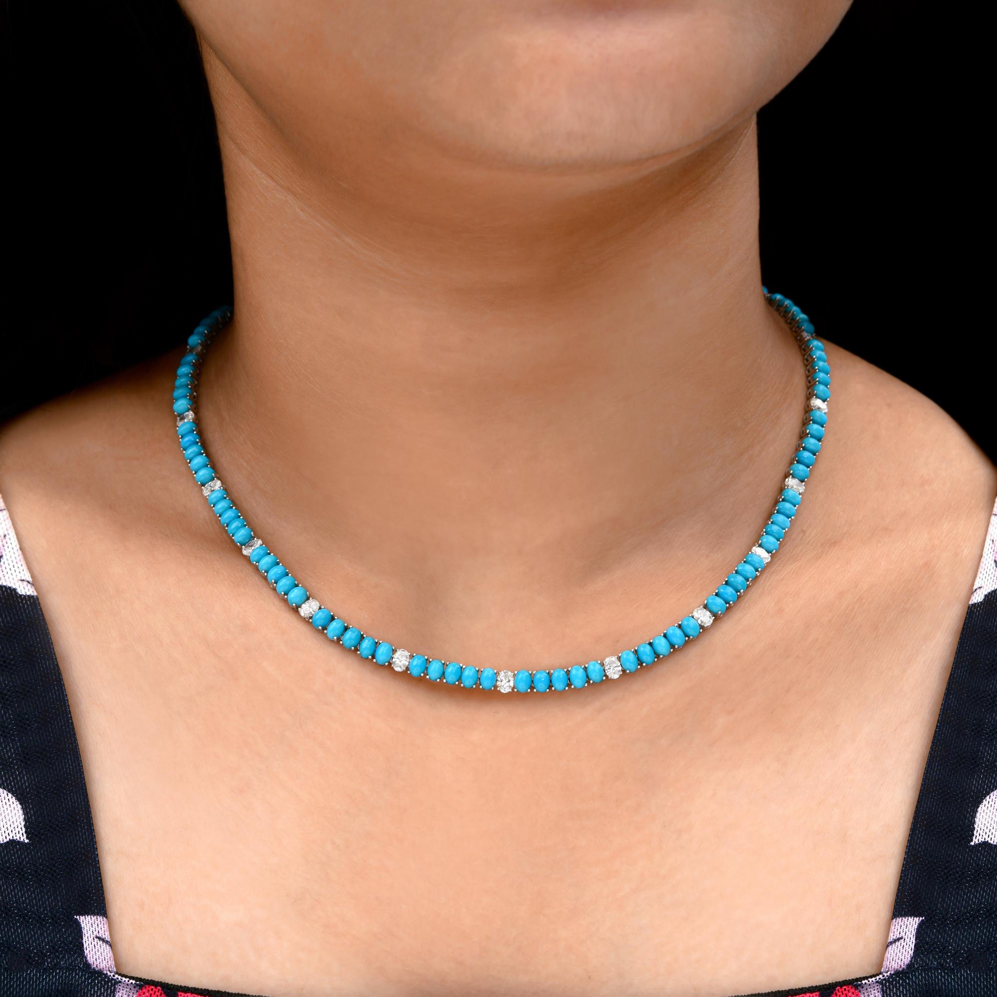 Oval Cut Oval Arizona Turquoise SI Clarity HI Color Diamond 18k White Gold Chain Necklace For Sale
