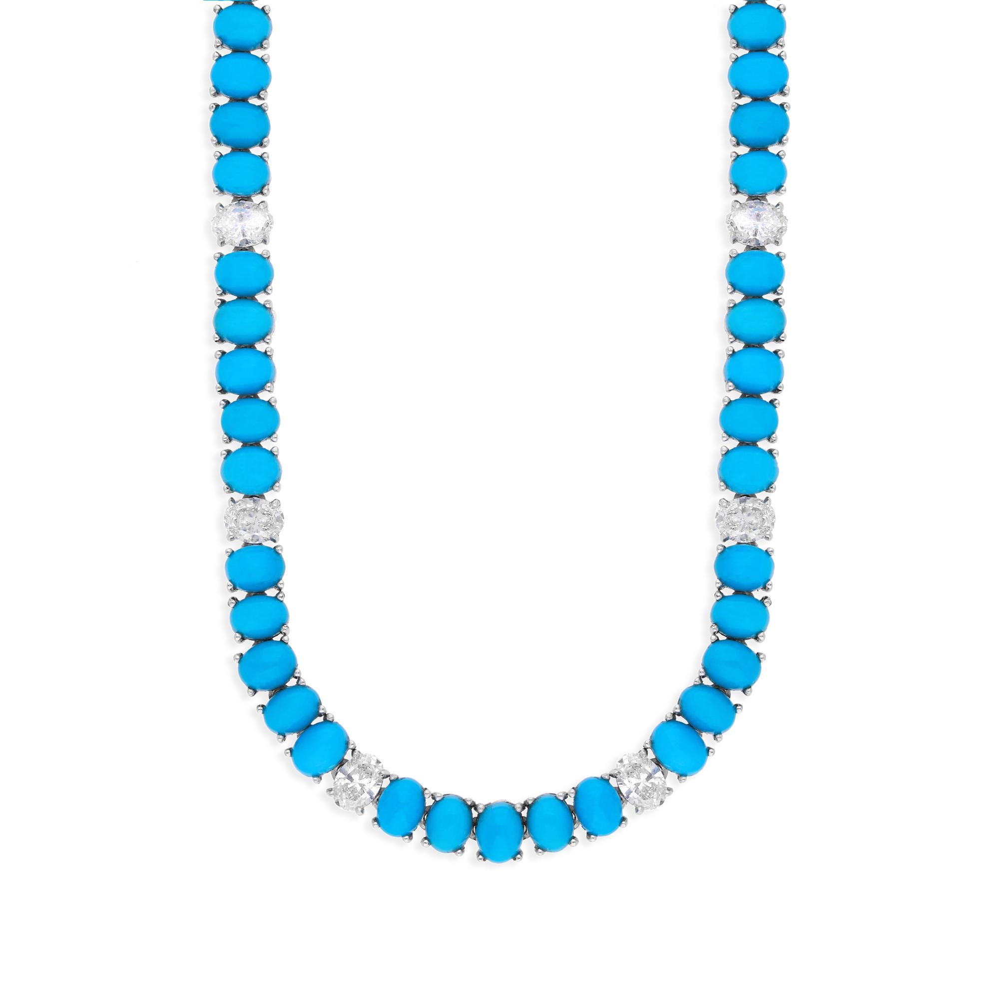 Oval Arizona Turquoise SI Clarity HI Color Diamond 18k White Gold Chain Necklace In New Condition For Sale In Diera, Dubai