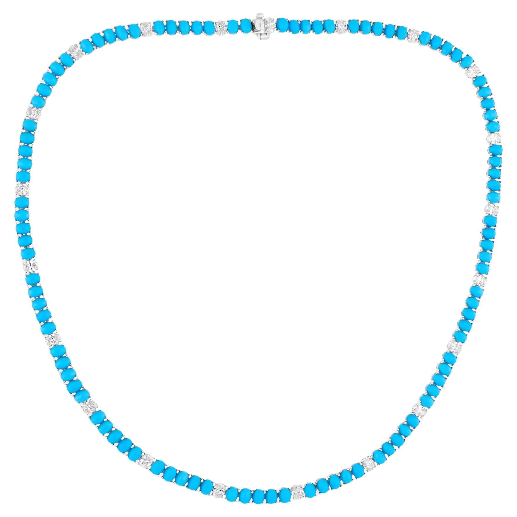 Oval Arizona Turquoise SI Clarity HI Color Diamond 18k White Gold Chain Necklace