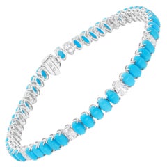 Oval Arizona Turquoise SI/H Diamond Tennis Bracelet 18 Karat White Gold Jewelry