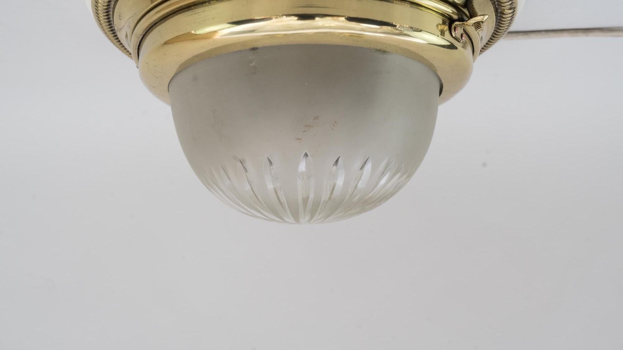 Oval Art Deco Ceiling Lamp with Original Cut Glass and Wood Plate, 1920s 4