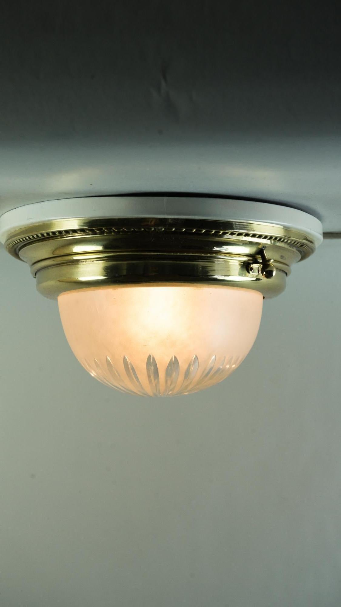 Oval Art Deco Ceiling Lamp with Original Cut Glass and Wood Plate, 1920s 7