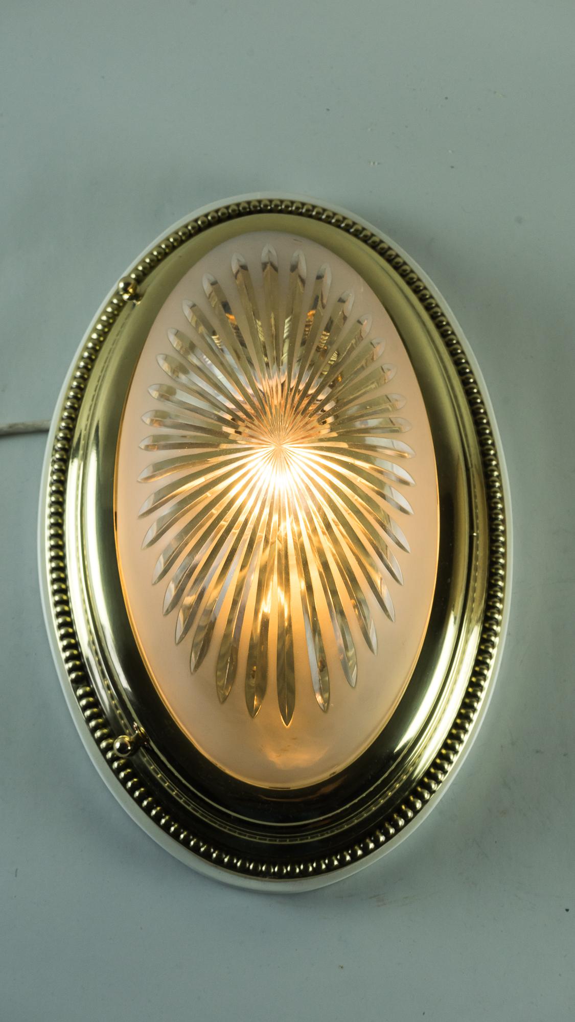 Oval Art Deco Ceiling Lamp with Original Cut Glass and Wood Plate, 1920s 9