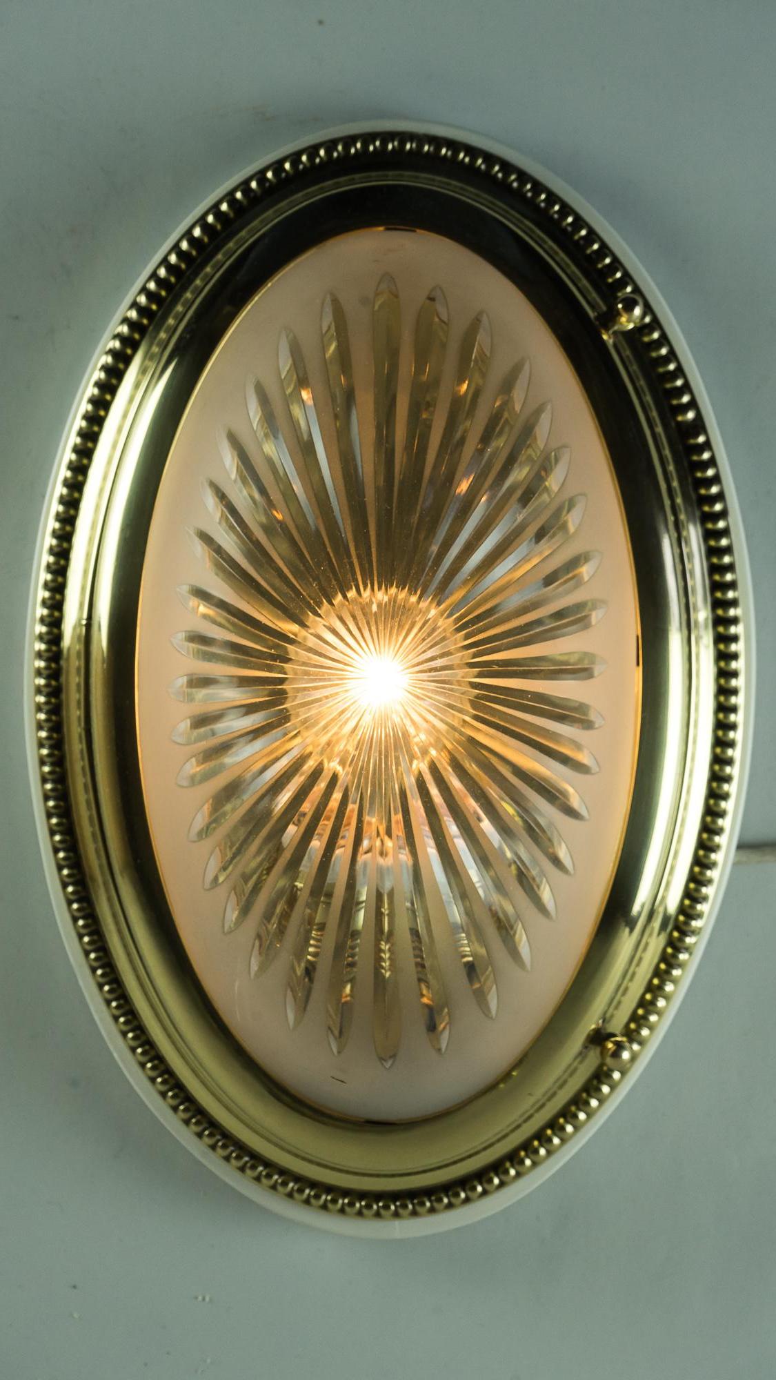 Oval Art Deco Ceiling Lamp with Original Cut Glass and Wood Plate, 1920s 10