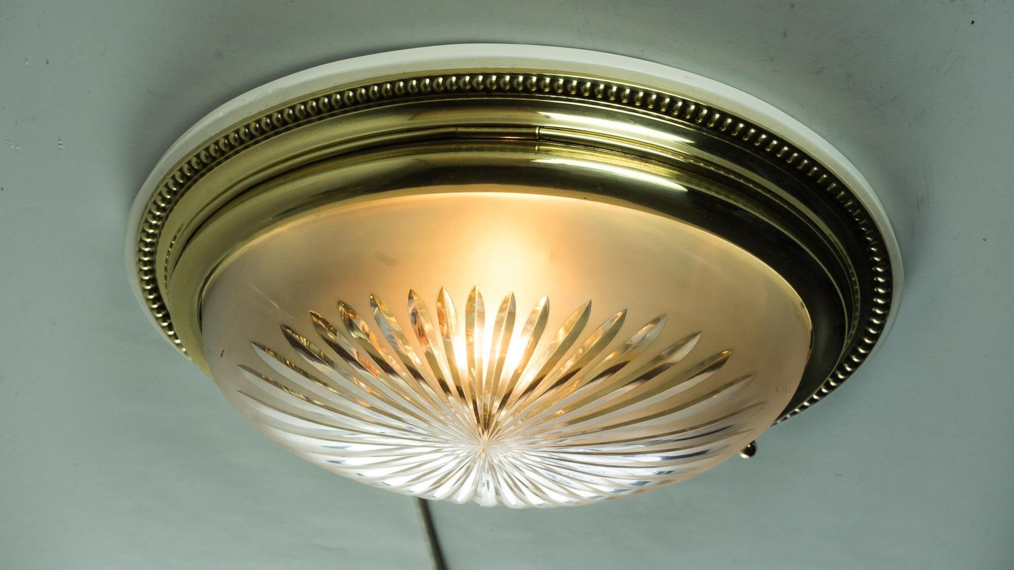 Oval Art Deco Ceiling Lamp with Original Cut Glass and Wood Plate, 1920s 11