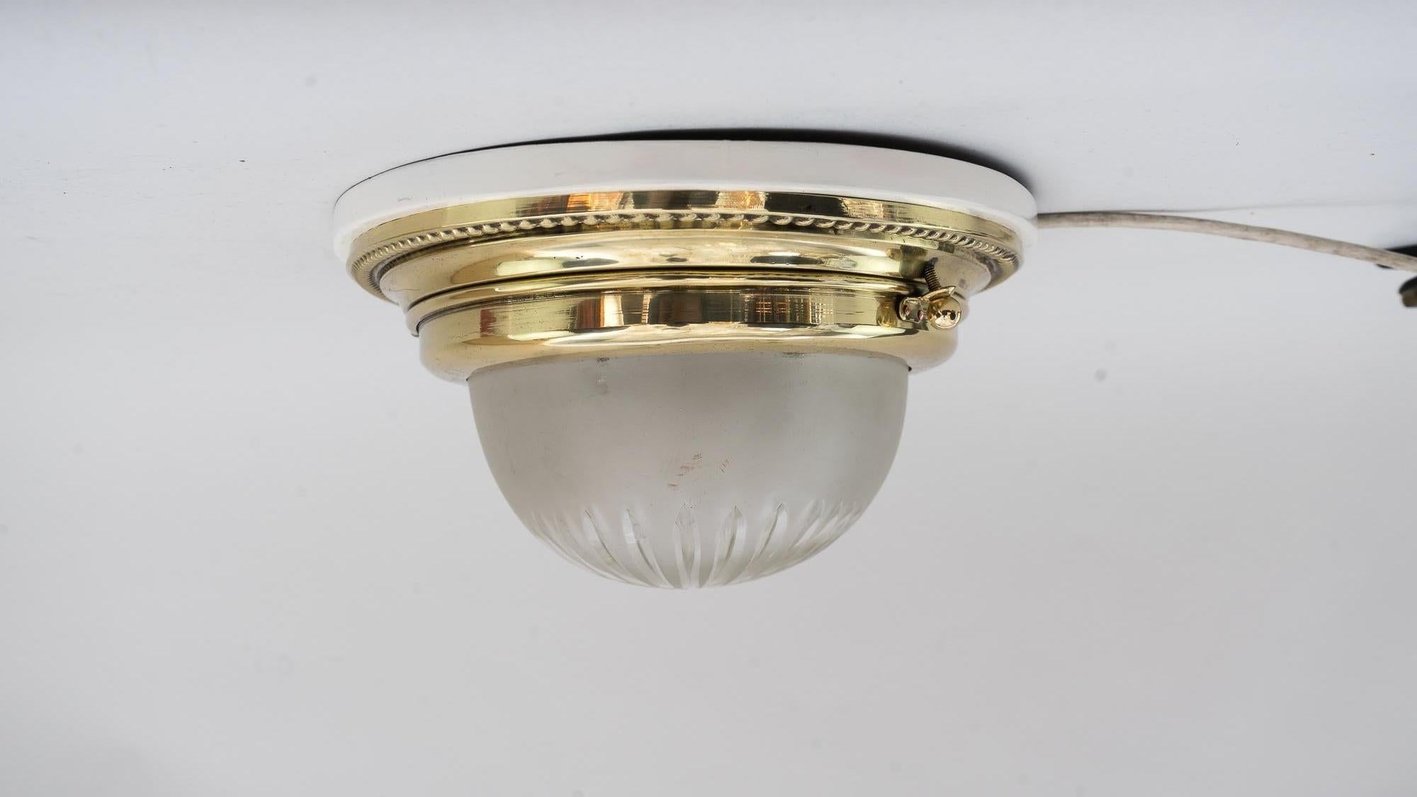 Austrian Oval Art Deco Ceiling Lamp with Original Cut Glass and Wood Plate, 1920s