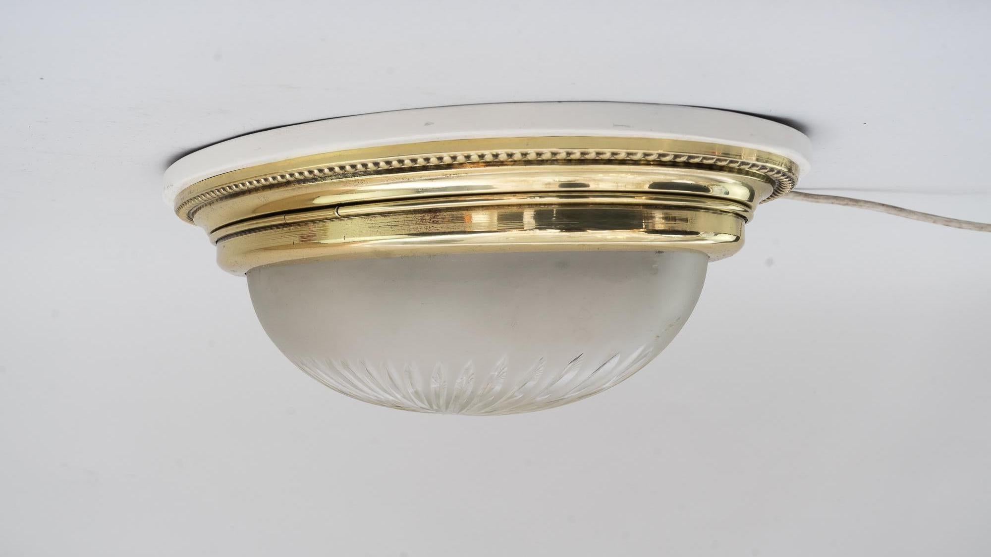 Polished Oval Art Deco Ceiling Lamp with Original Cut Glass and Wood Plate, 1920s