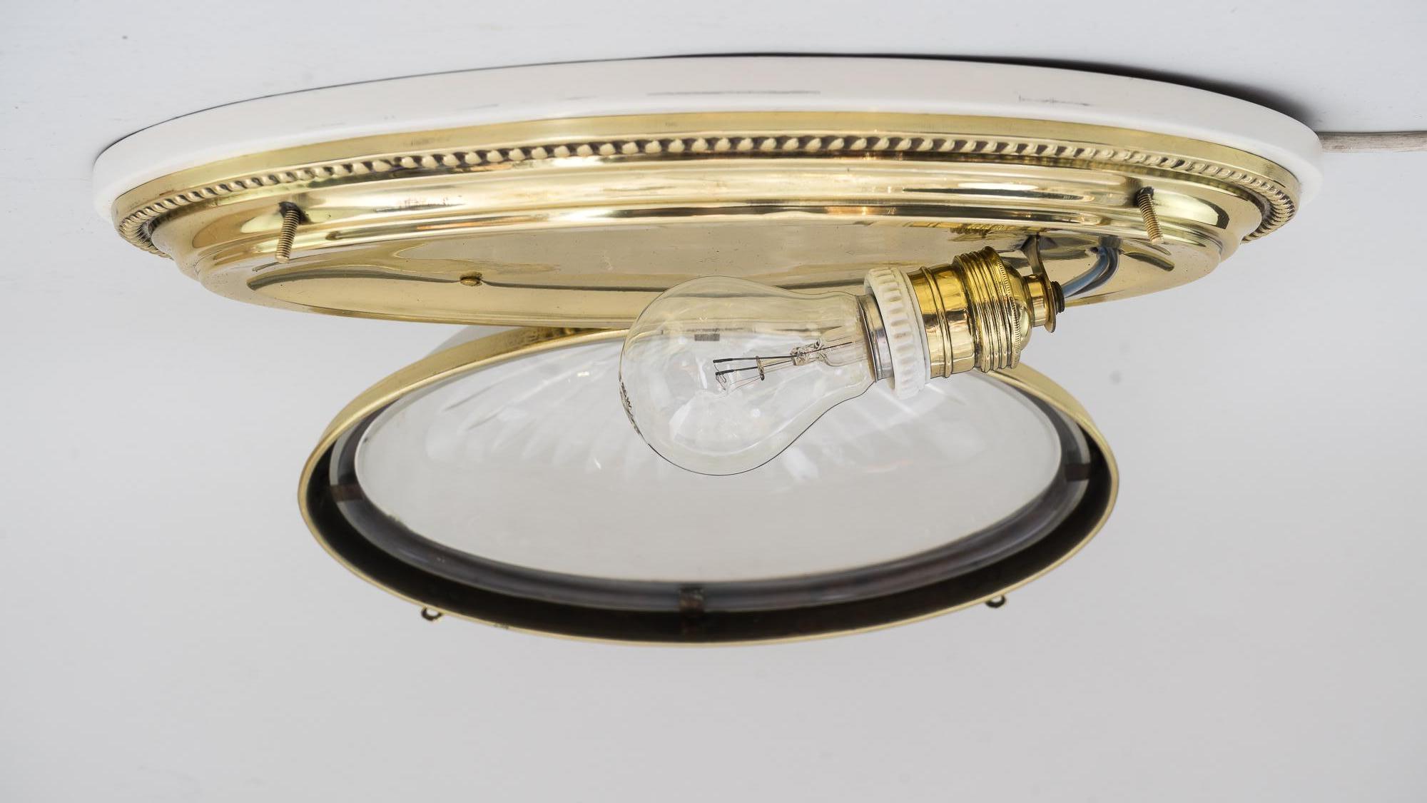 Early 20th Century Oval Art Deco Ceiling Lamp with Original Cut Glass and Wood Plate, 1920s