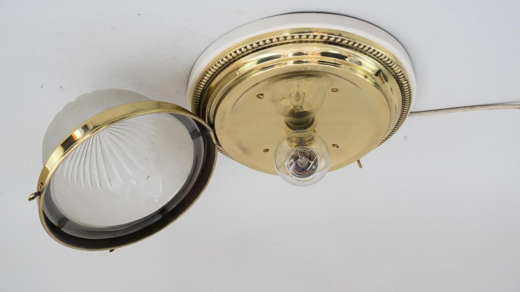 Brass Oval Art Deco Ceiling Lamp with Original Cut Glass and Wood Plate, 1920s