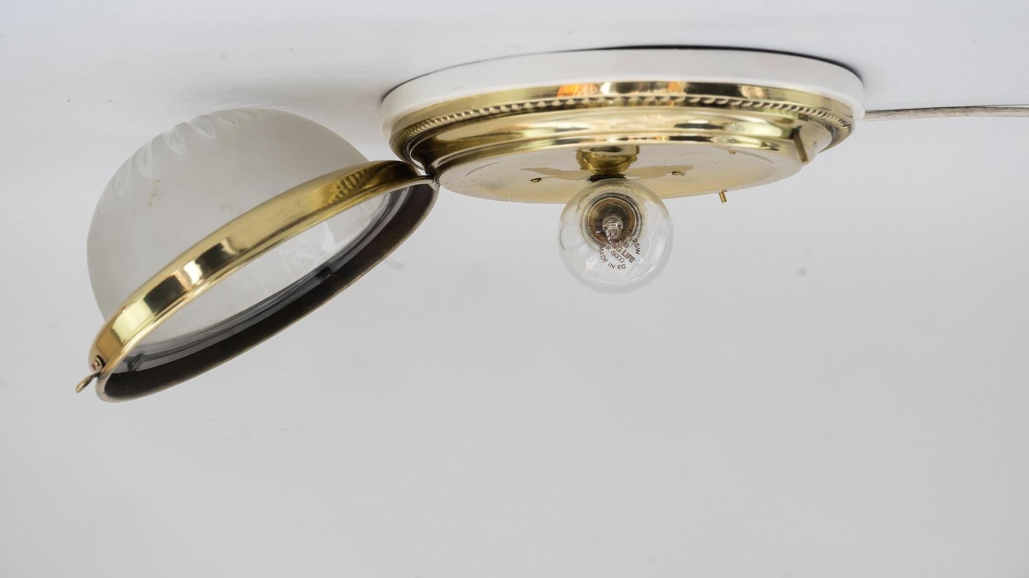 Oval Art Deco Ceiling Lamp with Original Cut Glass and Wood Plate, 1920s 1