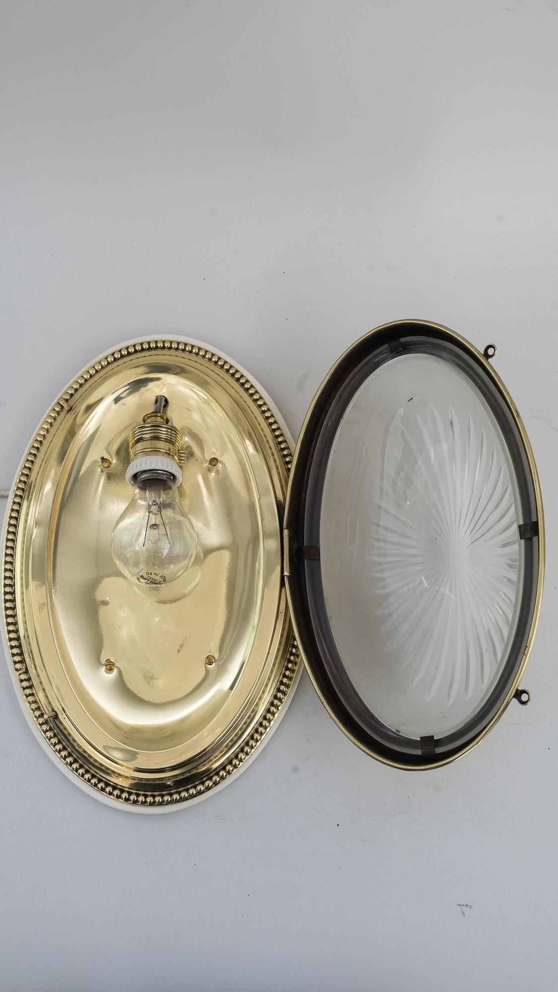 Oval Art Deco Ceiling Lamp with Original Cut Glass and Wood Plate, 1920s 2