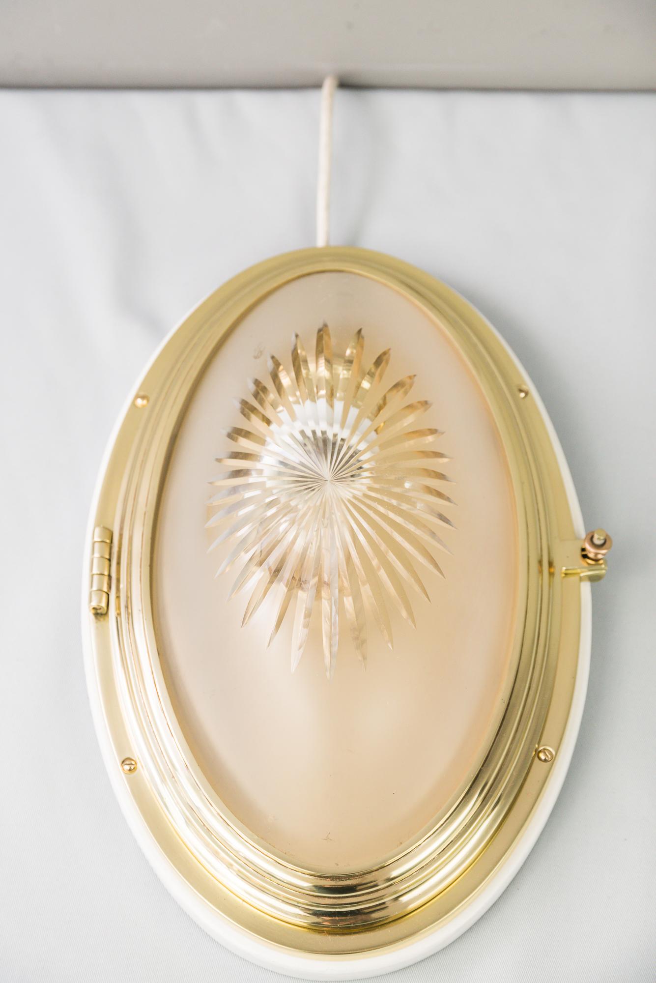 Austrian Oval Art Deco Ceiling Lamp with Original Cut Glass and Wood Plate For Sale
