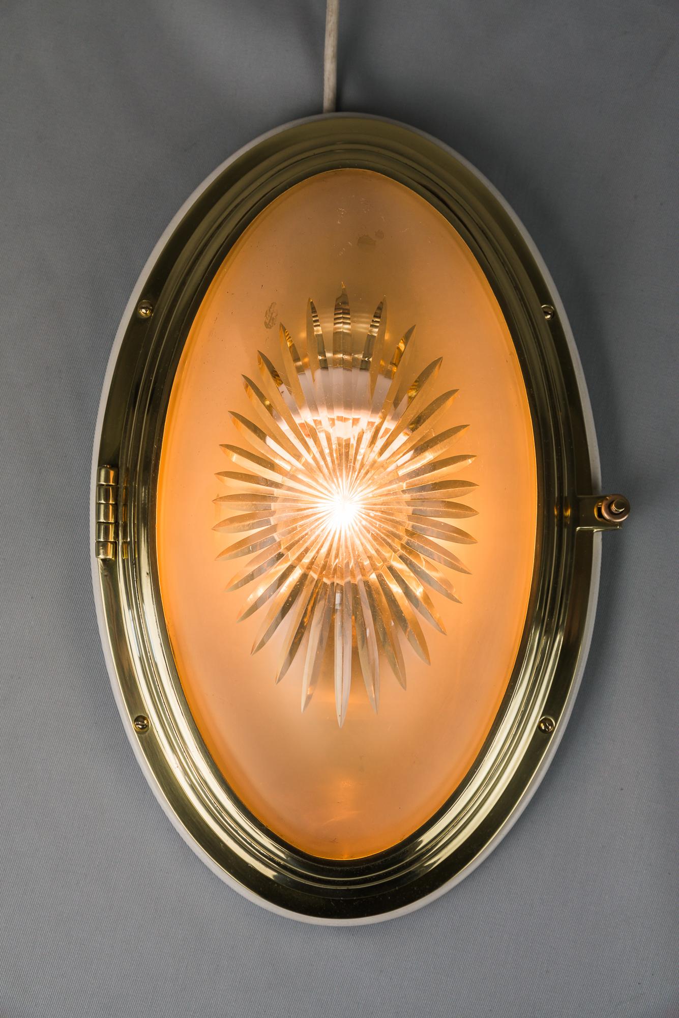 Lacquered Oval Art Deco Ceiling Lamp with Original Cut Glass and Wood Plate For Sale