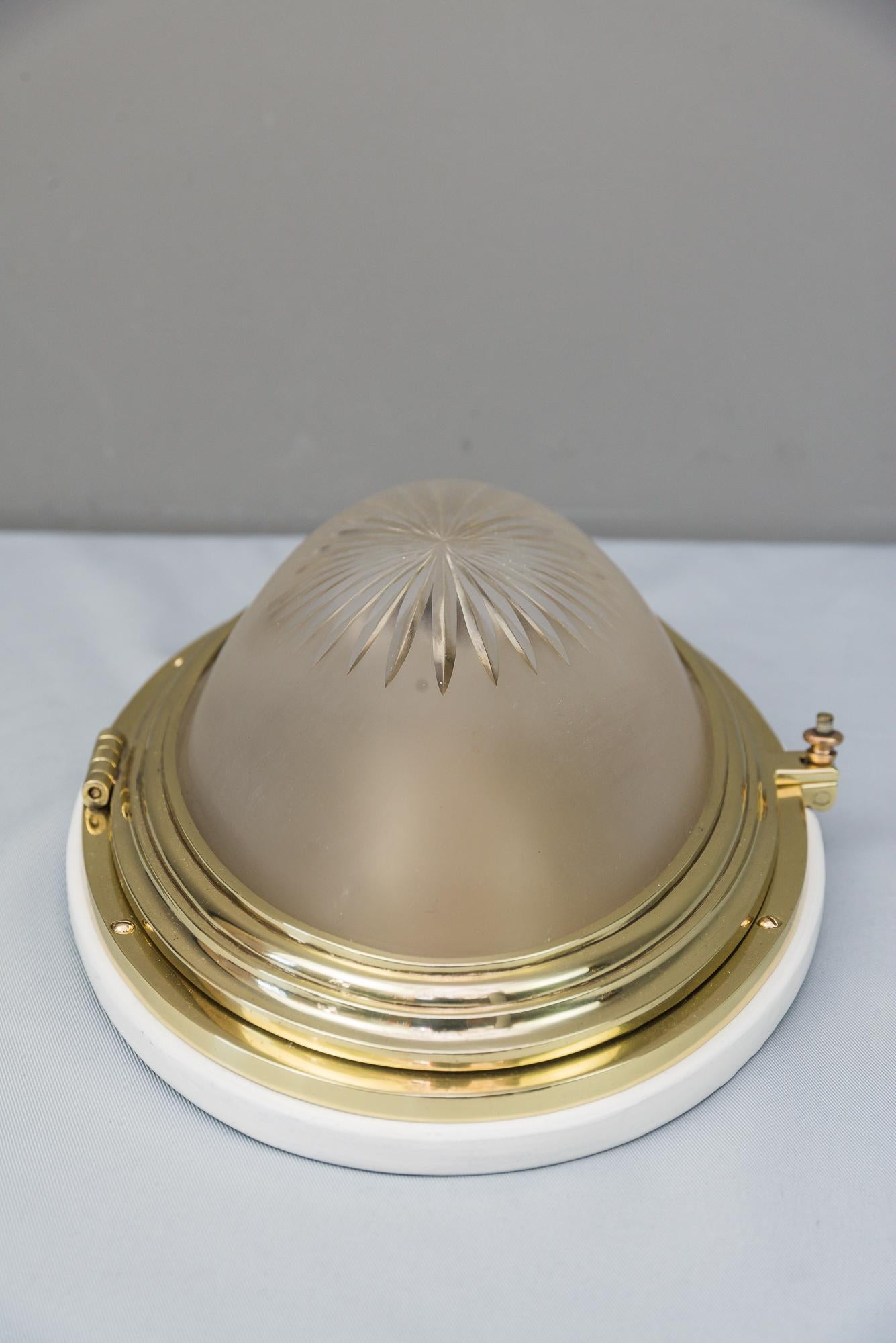Oval Art Deco Ceiling Lamp with Original Cut Glass and Wood Plate In Good Condition For Sale In Wien, AT