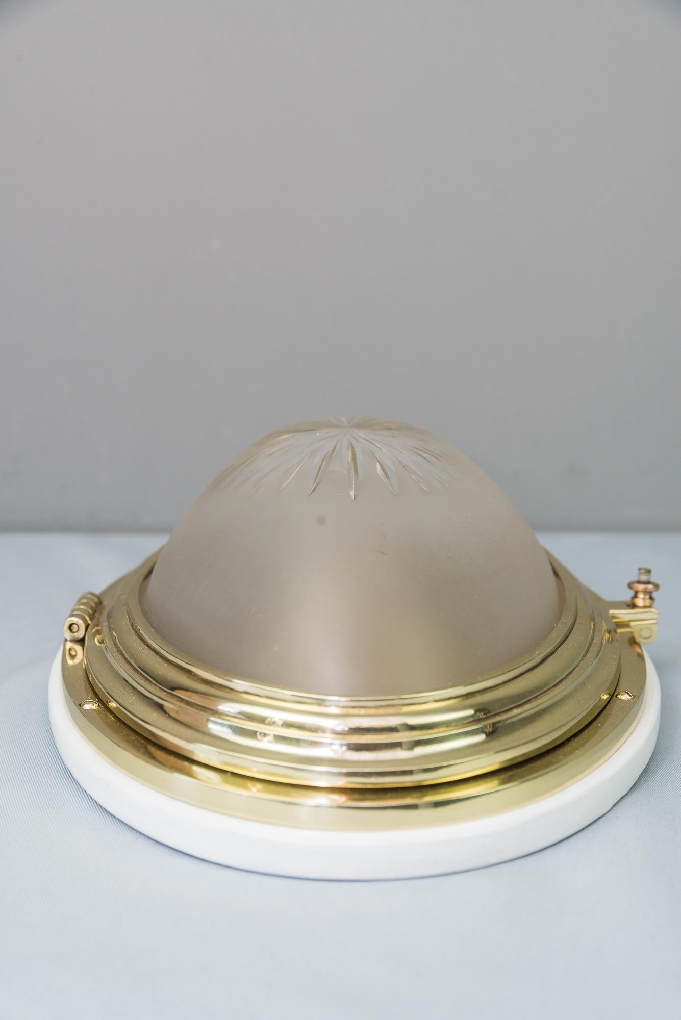 Early 20th Century Oval Art Deco Ceiling Lamp with Original Cut Glass and Wood Plate For Sale
