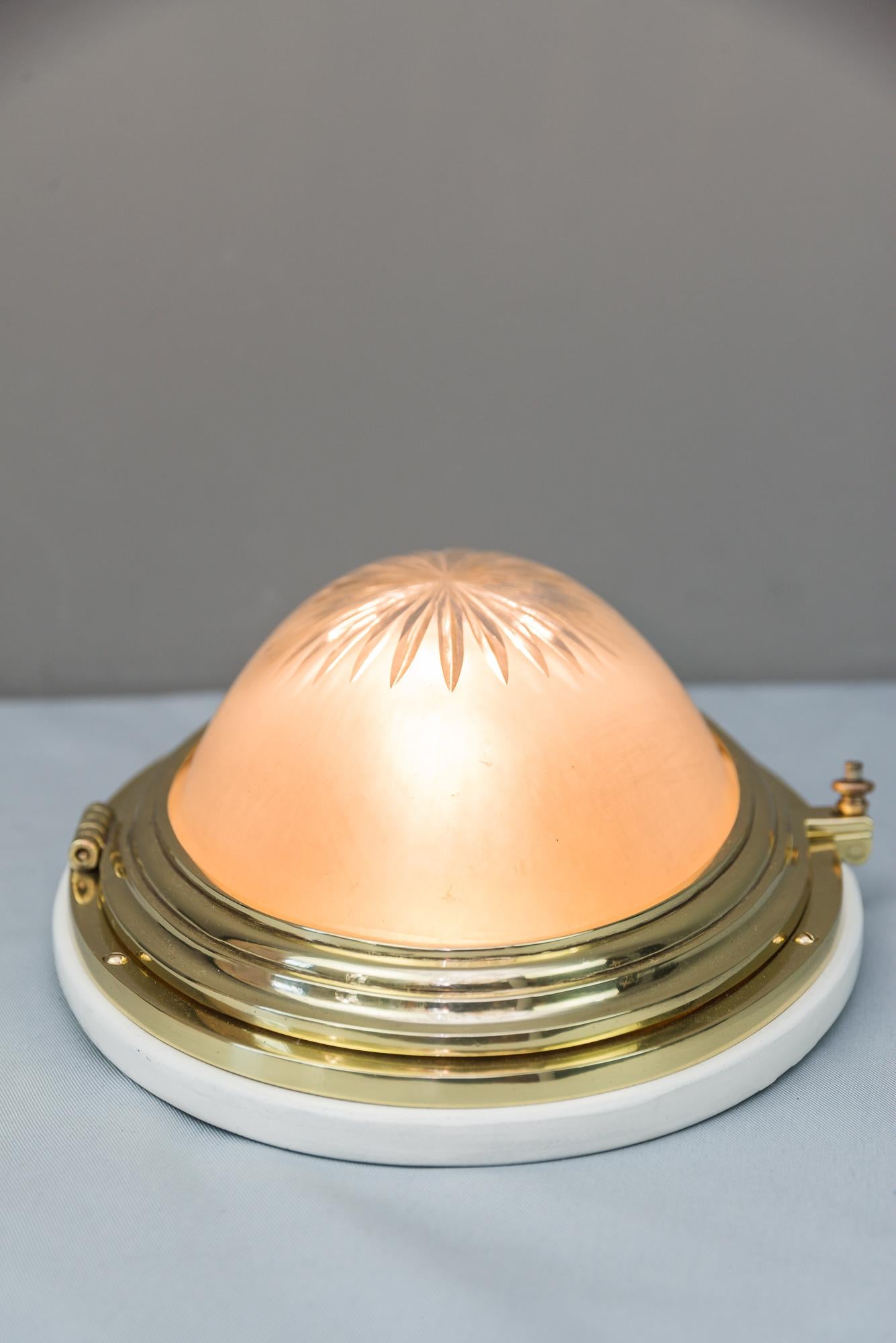 Brass Oval Art Deco Ceiling Lamp with Original Cut Glass and Wood Plate For Sale
