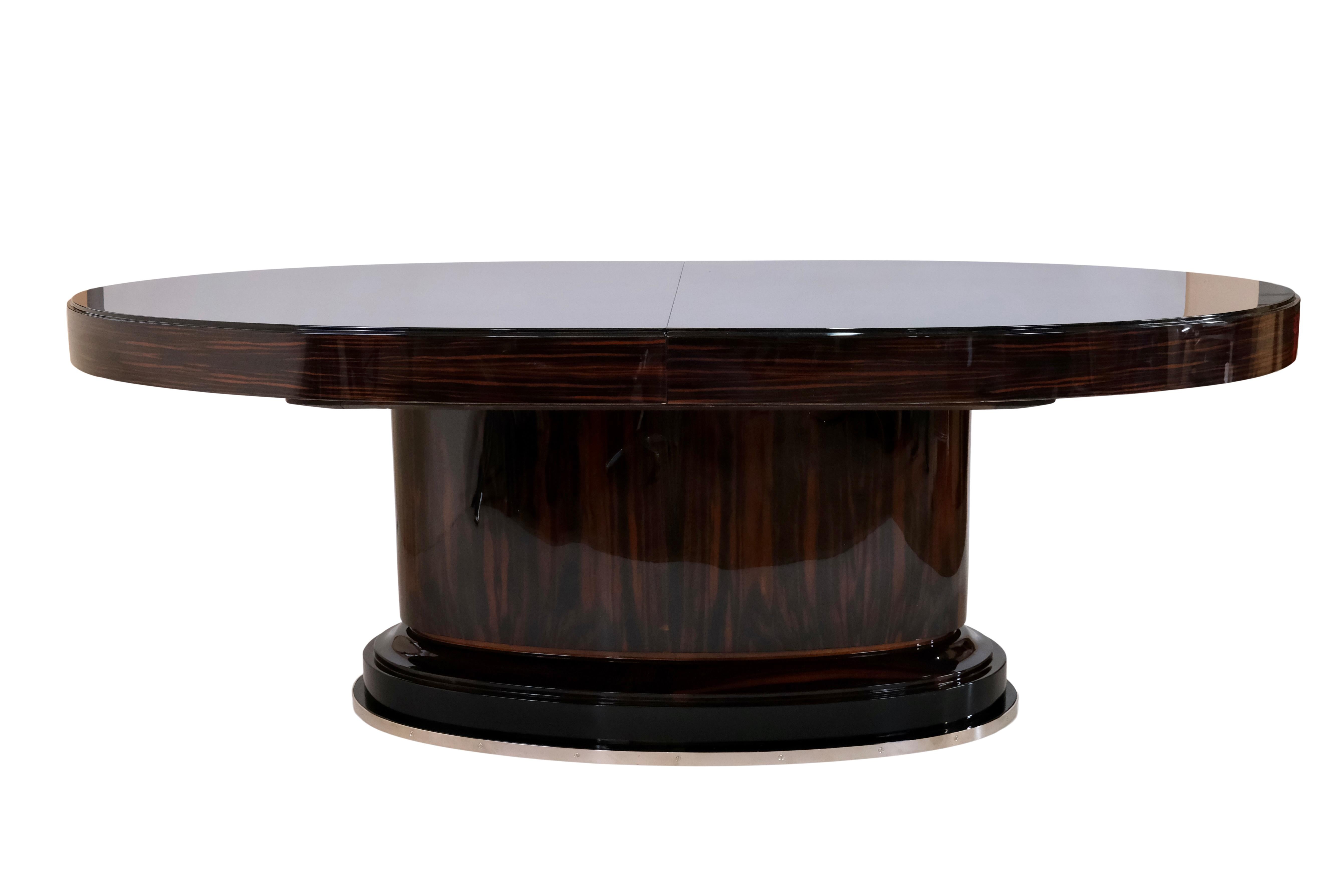 French Oval Art Deco Dining or Conference Table with Black Tabletop and Extension