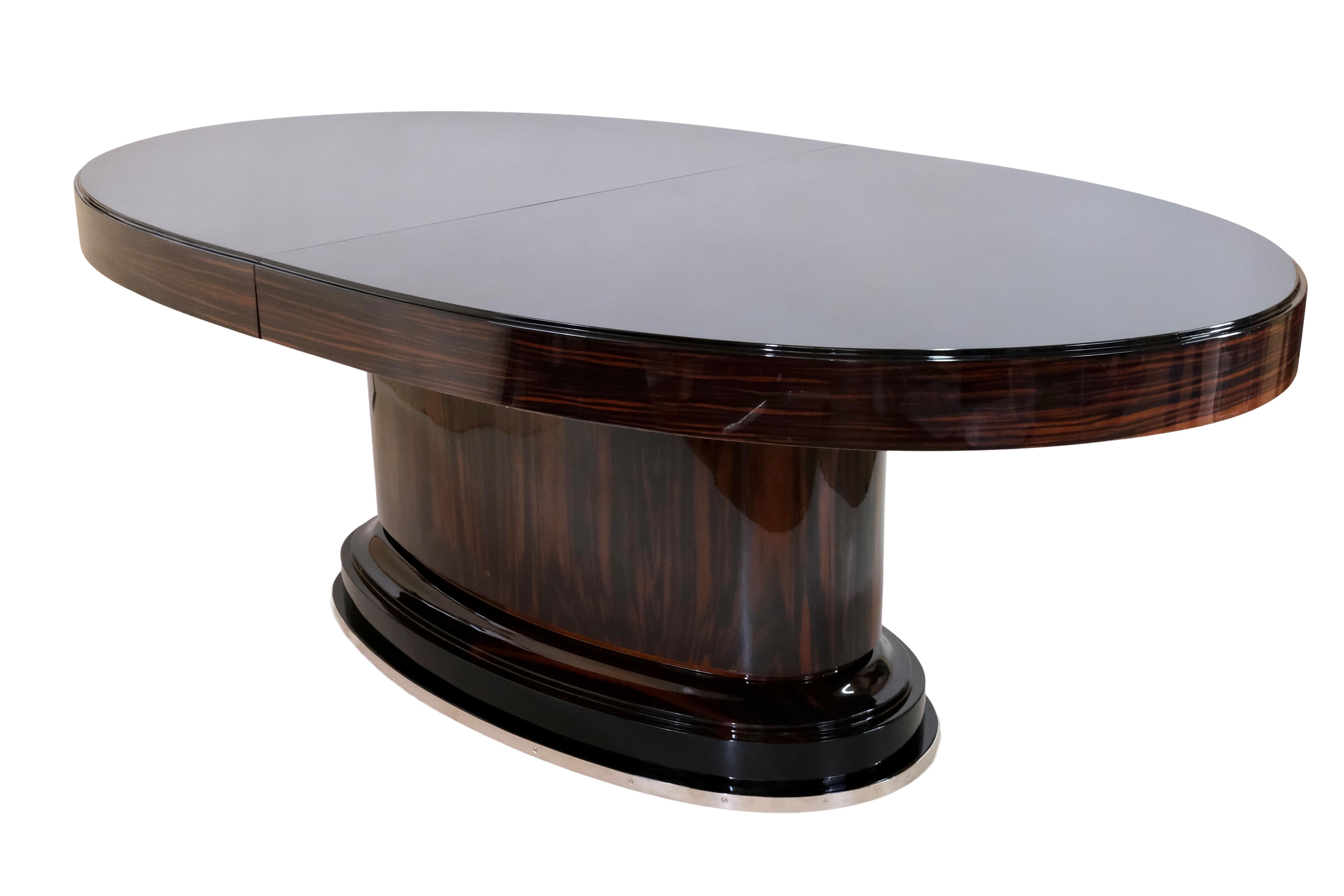 Oval Art Deco Dining or Conference Table with Black Tabletop and Extension 1