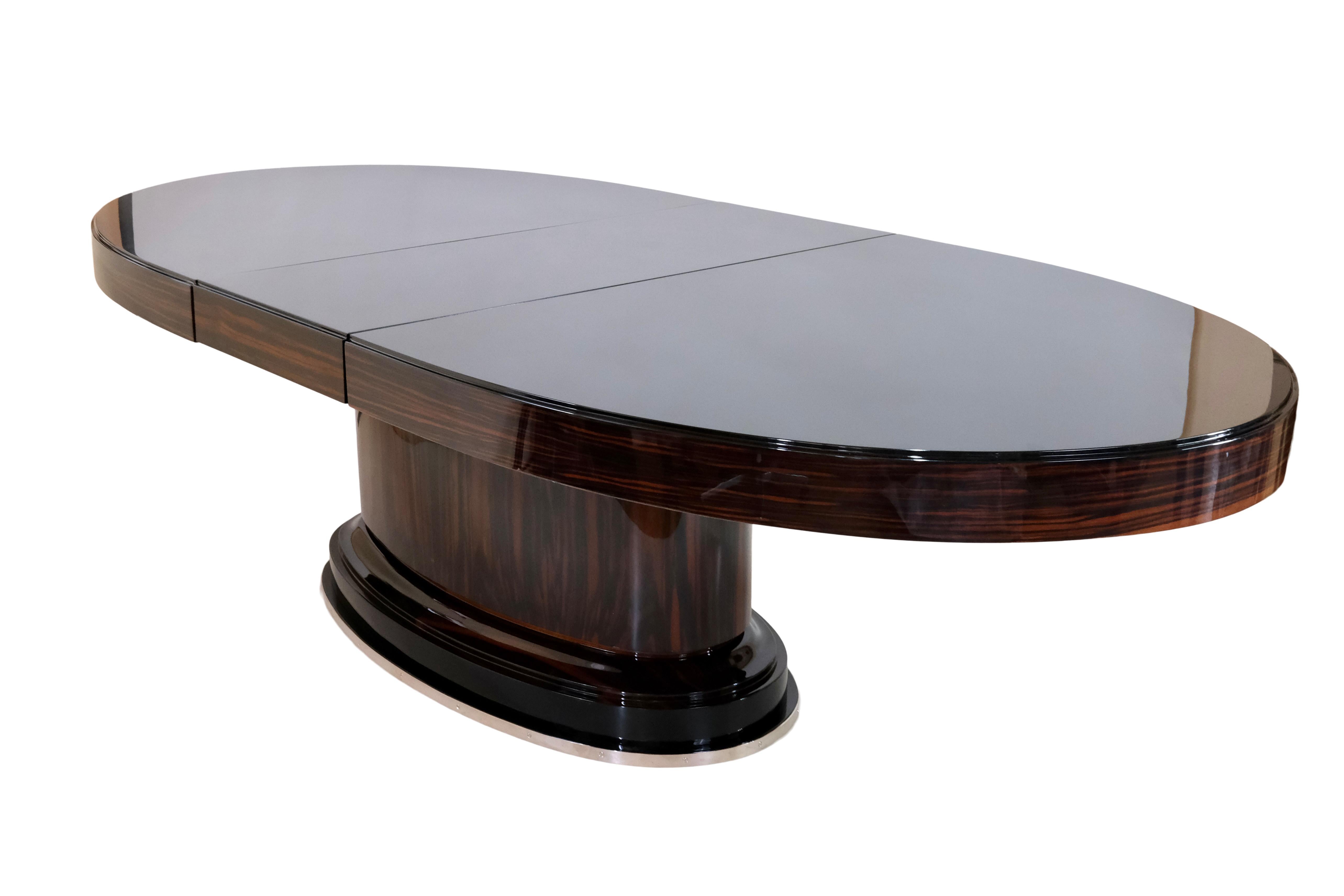 Oval Art Deco Dining or Conference Table with Black Tabletop and Extension 2