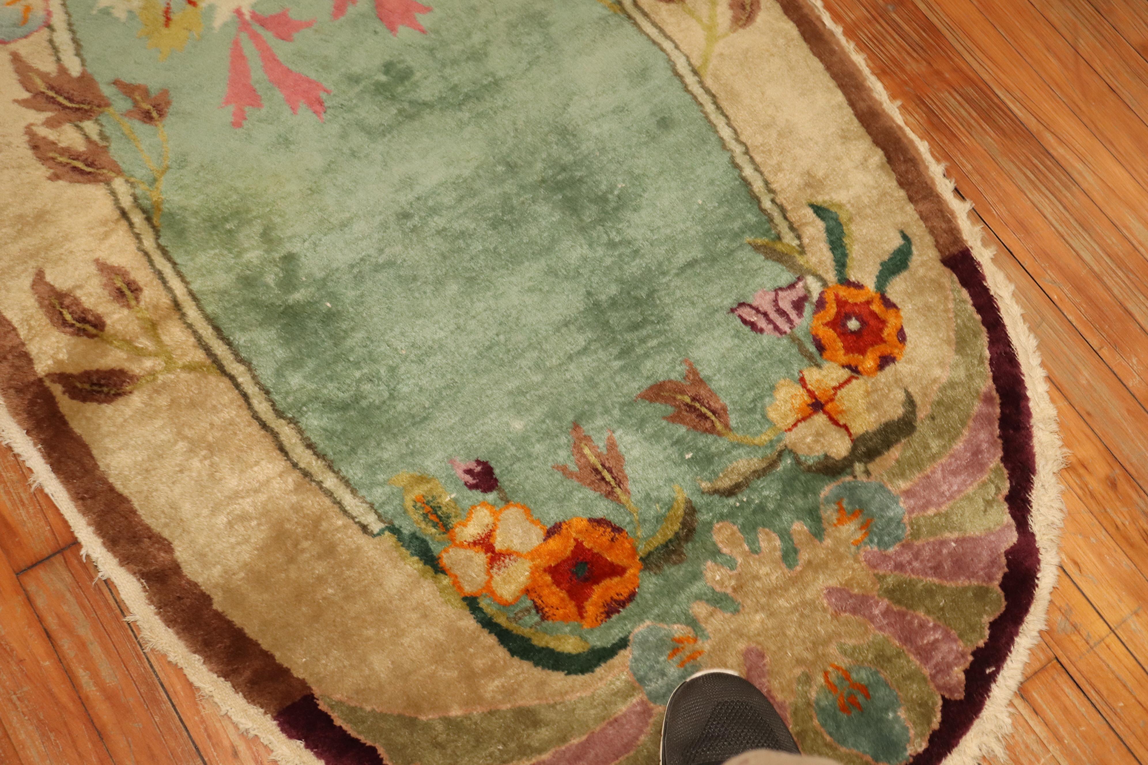 Mid-20th Century Oval Art Deco Green Chinese Nichols Rug