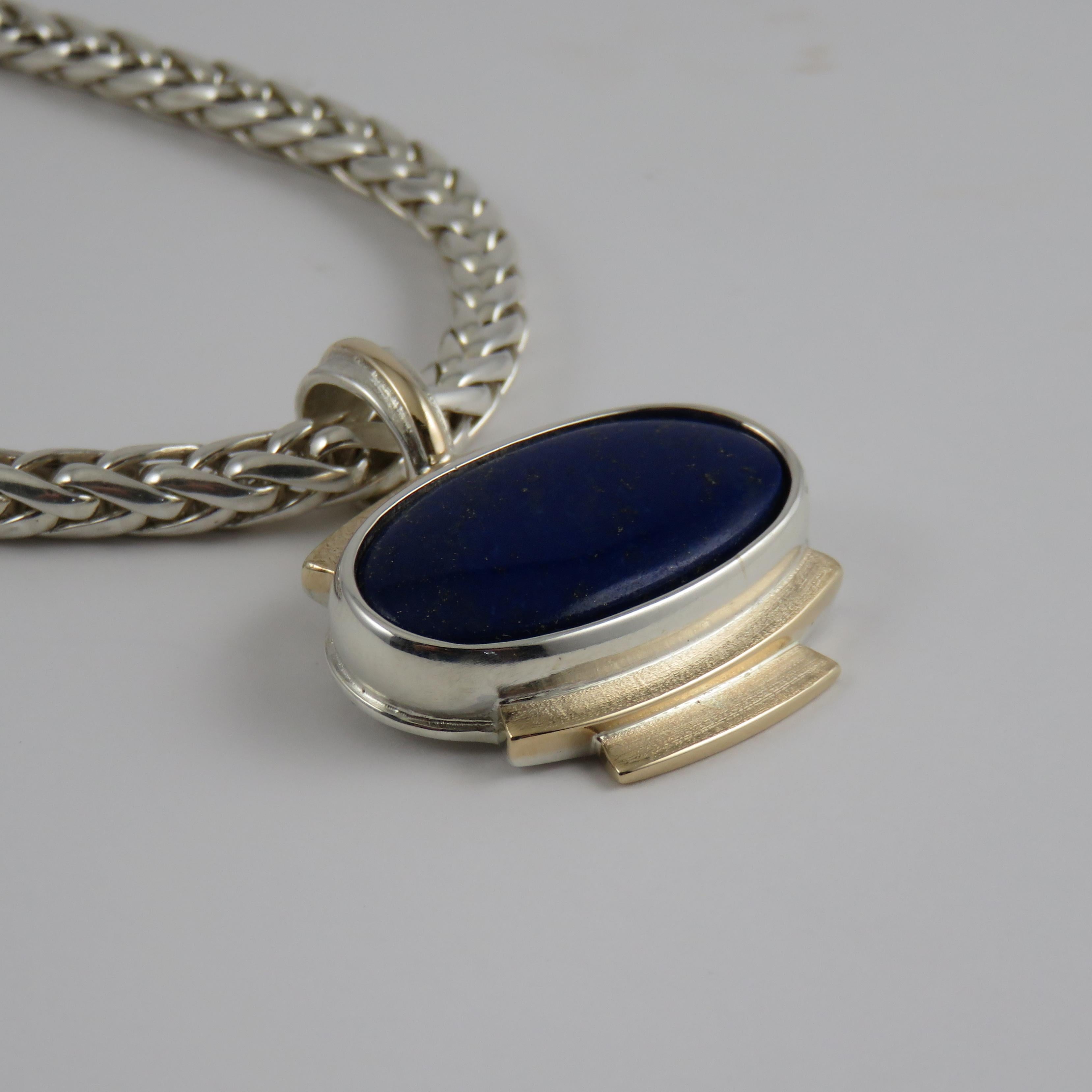 Cabochon Oval Art Deco Inspired Lapis Lazuli Sterling Silver and 9k Yellow Gold Pendant For Sale