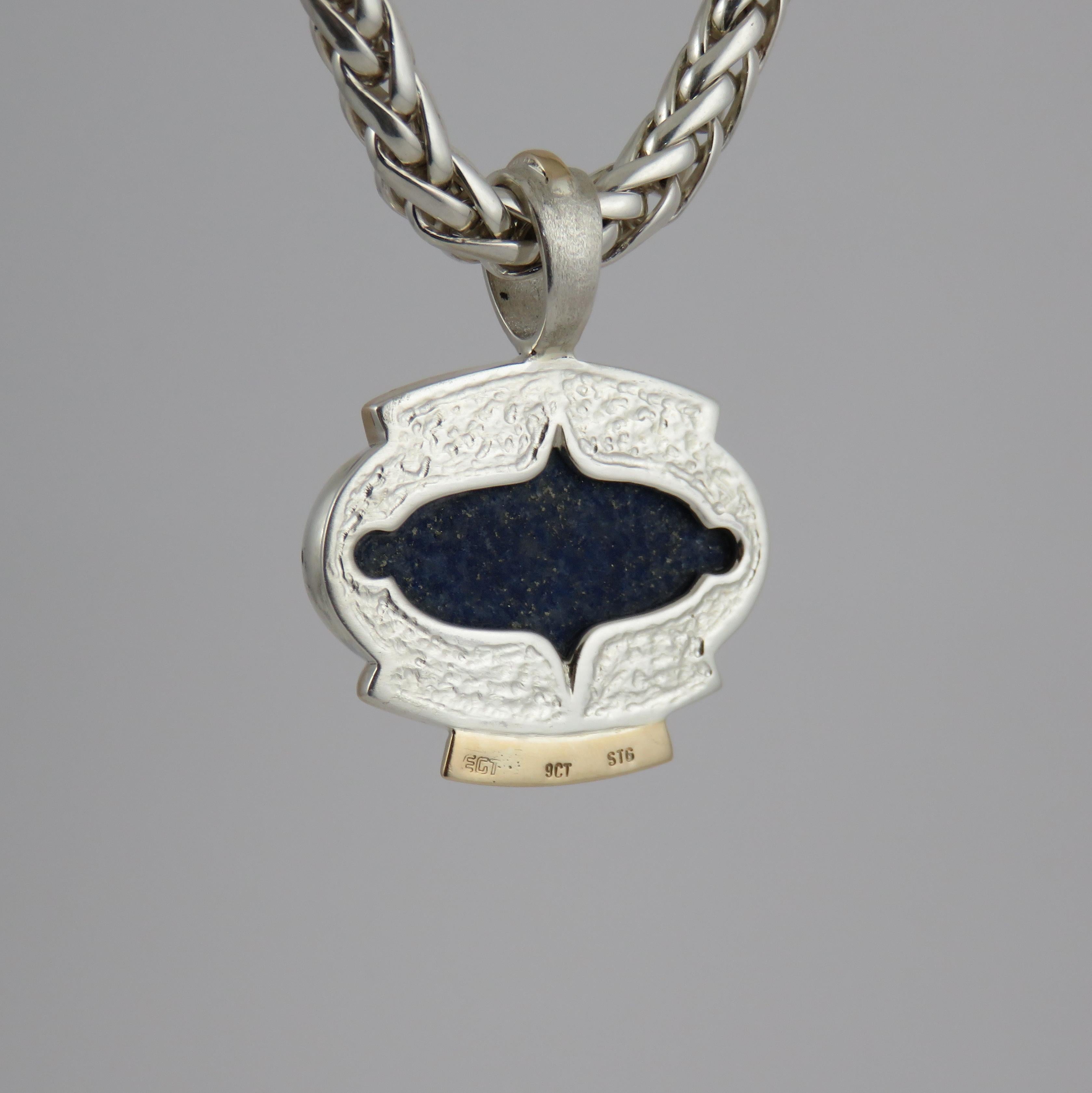 Oval Art Deco Inspired Lapis Lazuli Sterling Silver and 9k Yellow Gold Pendant In New Condition For Sale In Cambridge, NZ