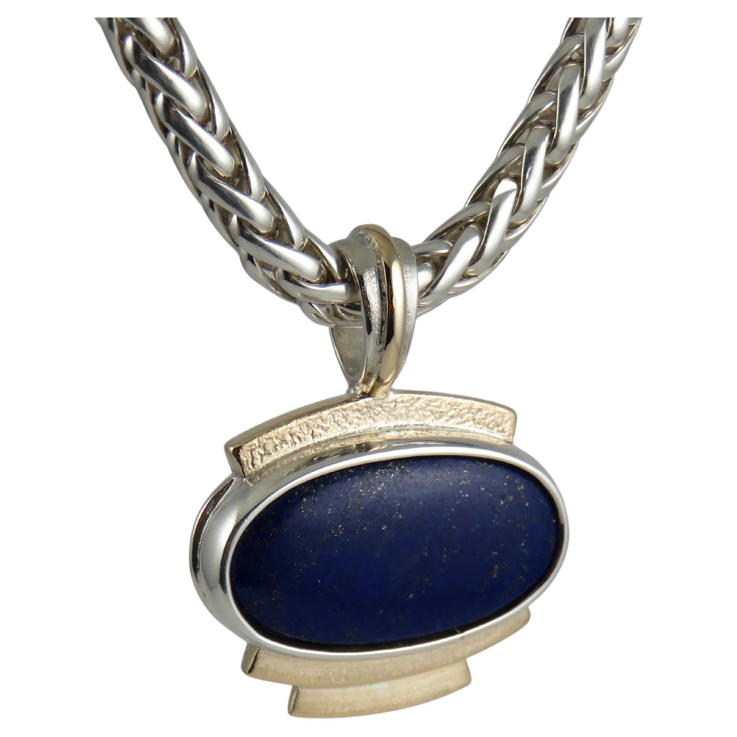 Oval Art Deco Inspired Lapis Lazuli Sterling Silver and 9k Yellow Gold Pendant For Sale