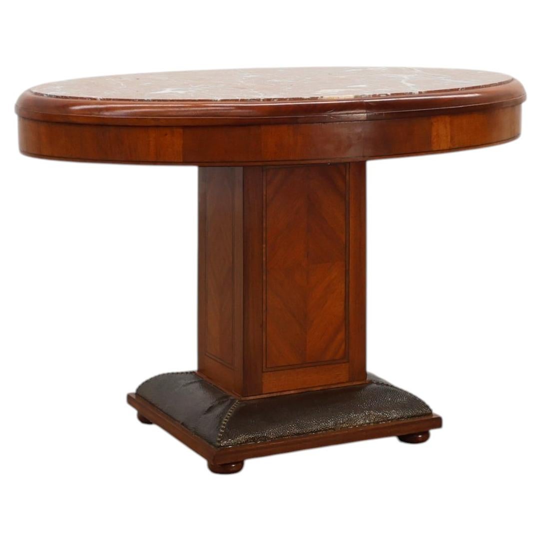 Oval Art Deco Side Table in Walnut with Marble Top by De Coene, Belgium For Sale