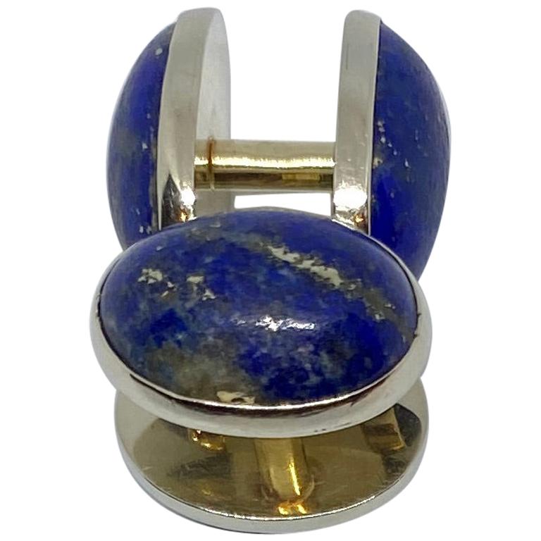 Ovale Art-déco-Manschettenknöpfe „Spool“ aus Weißgold mit Lapis Lazuli im Angebot
