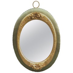 Oval Art Deco Wall Mirror with Carved Golden Leaf Wood Frame and Silk, 1940s