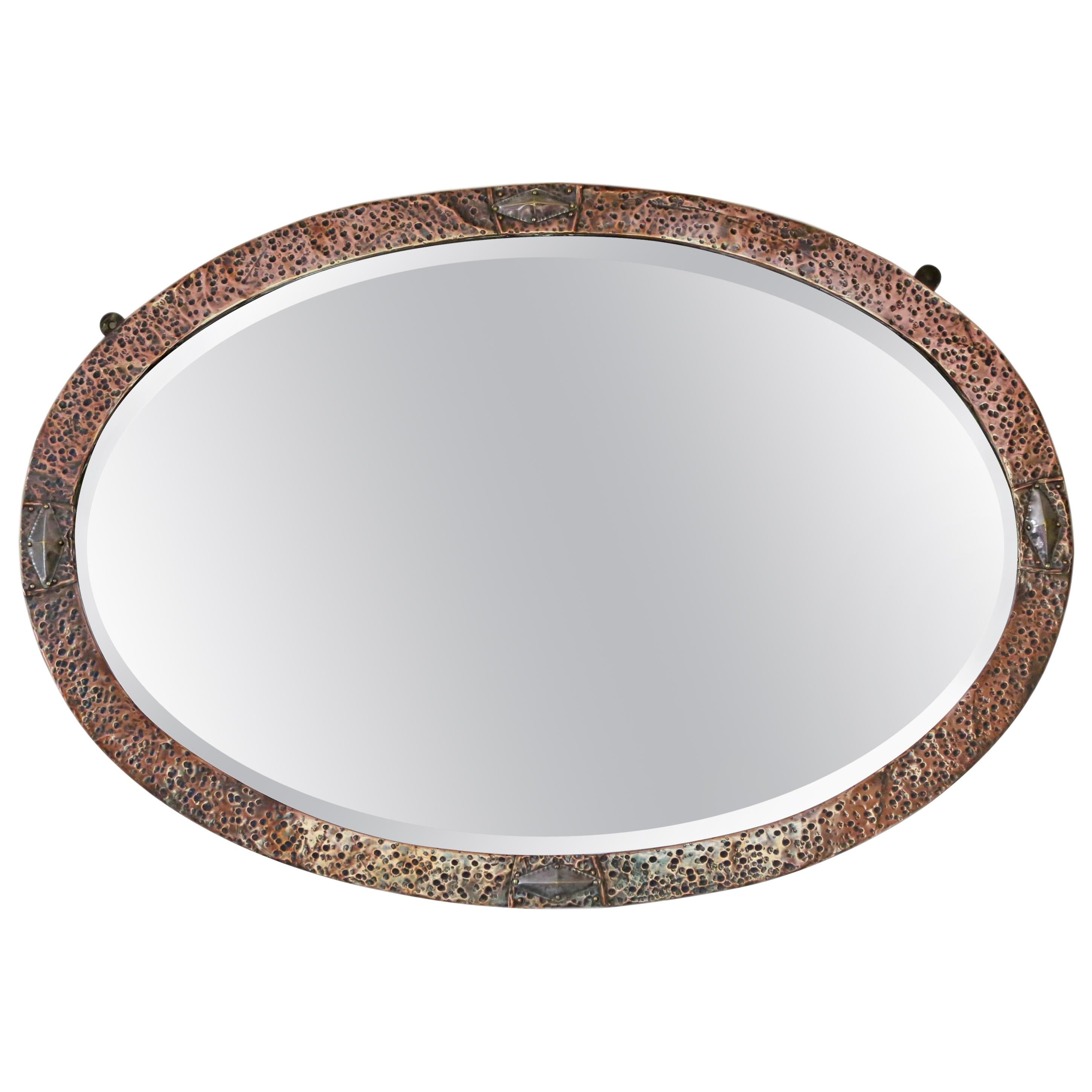 Oval Art Nouveau Copper and Brass Wall Overmantle Mirror For Sale